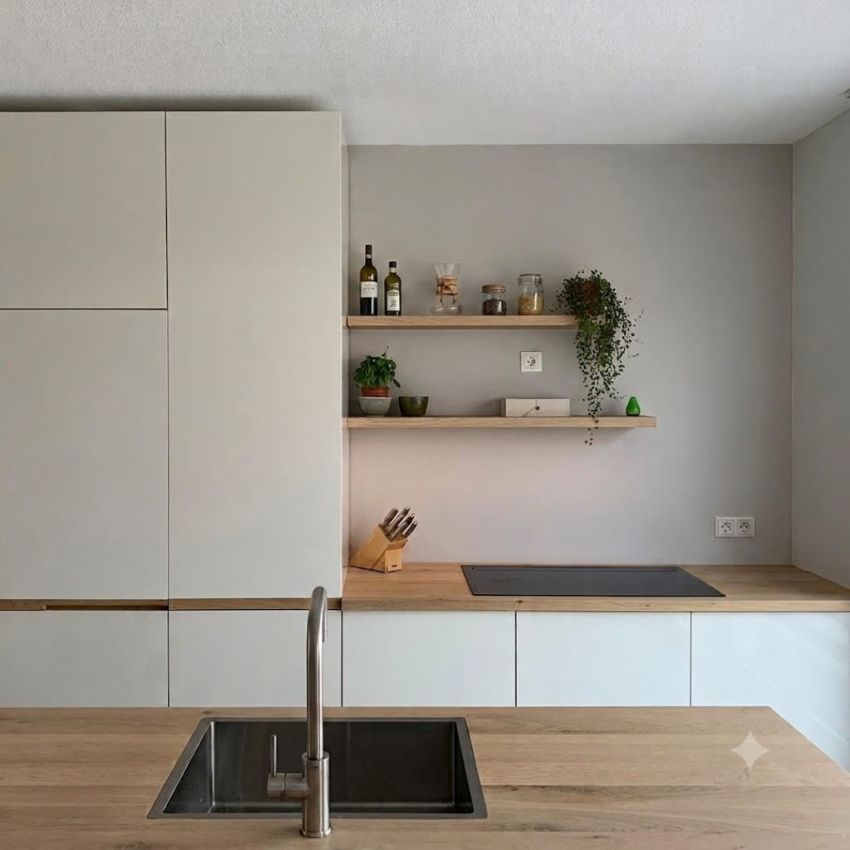 Nis in luxe maatwerkkeuken. Eiken handgemaakte wijnrek met hangende glazen. Matte fronten en messing greeplijsten